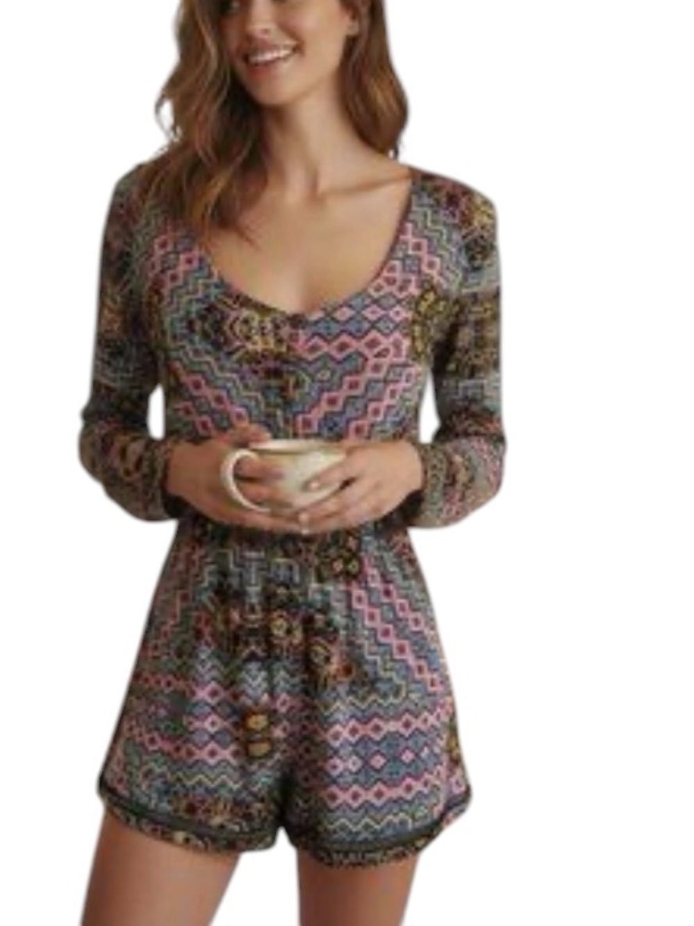 MINKPINK Geometric Print Long Sleeve Romper